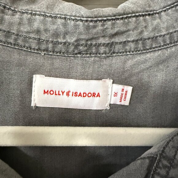 Molly & Isadora 1X Soft Denim Gray Button-Up Shirt with Roll-Tab Sleeves - Picture 2 of 3